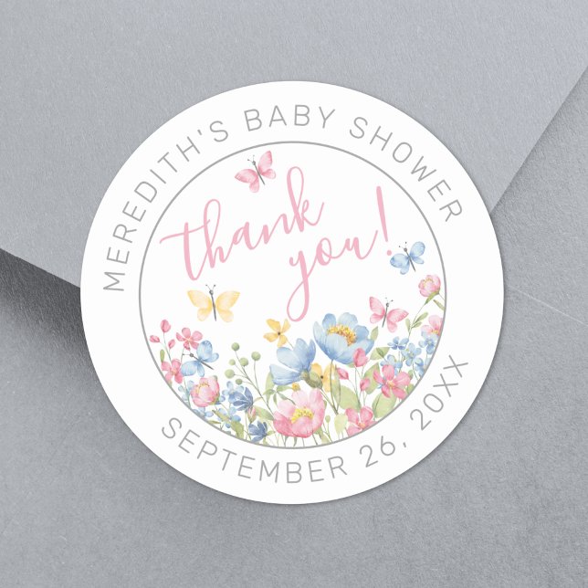 A Little Wildflower Baby Shower Thank You Classic Round Sticker (A Little Wildflower Baby Shower Thank You Classic Round Sticker)
