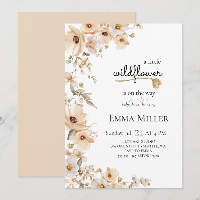 A Little Wildflower Beige Natural Girl Baby Shower Invitation (Front/Back)