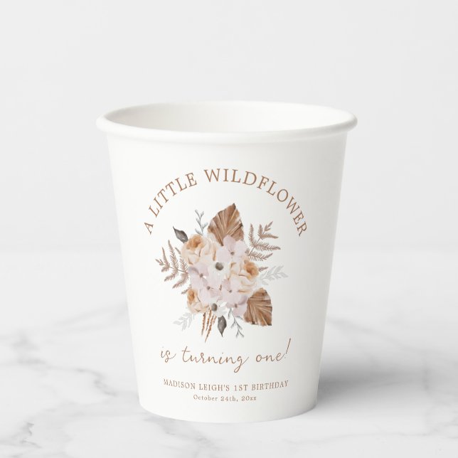 A Little Wildflower Birthday Dark Terracotta Boho Paper Cups (Front)