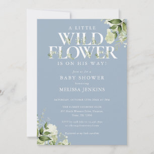 A Little Wildflower Blue Greenery Boy Baby Shower Invitation