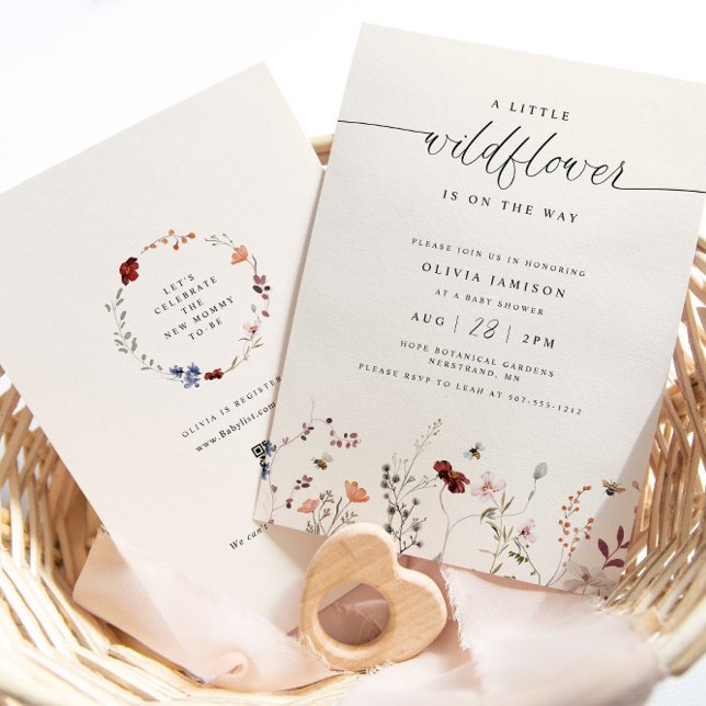 A Little Wildflower Boho Baby Shower Bee Invitation (Boho A Little Wildflower is on the Way Baby Shower Inivtation with Bees - QR Code Registry on Back)