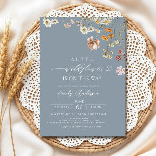 A Little Wildflower Boho Dusty Blue Baby Shower Invitation