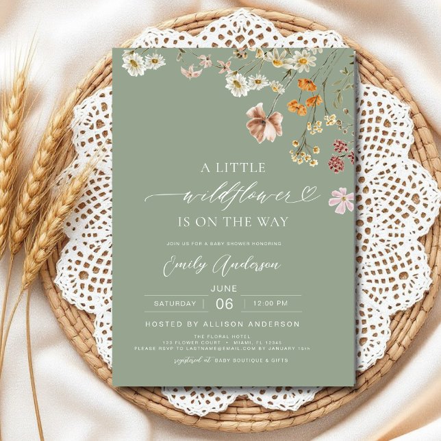 A Little Wildflower Boho Sage Green Baby Shower Invitation (Creator Uploaded)