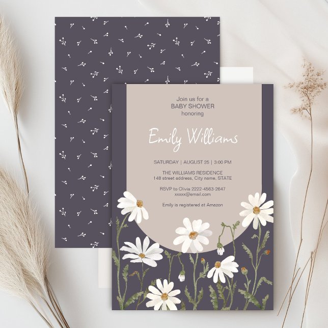 A little wildflower daisy baby shower invitation (Daisy wildflower watercolor baby in bloom floral shower invitation in purple colors, rustic, boho)