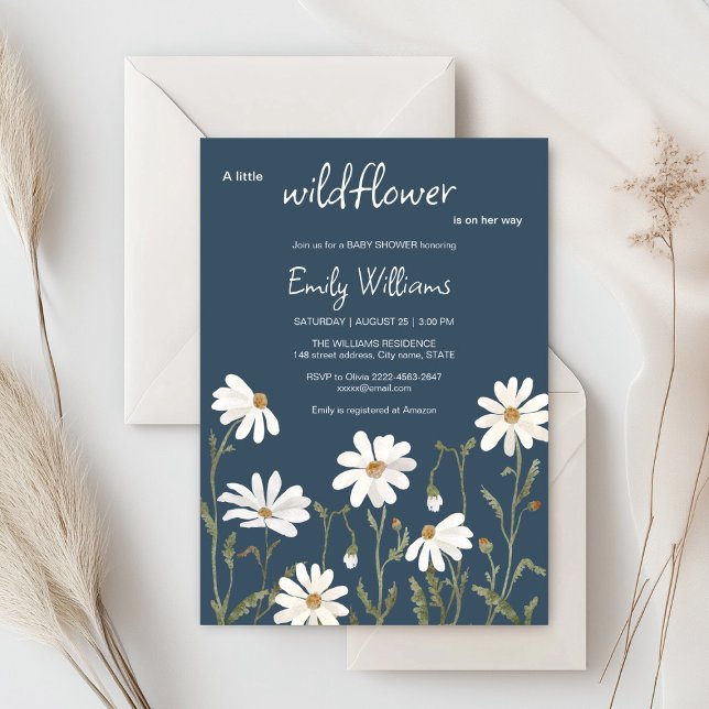 A little wildflower daisy baby shower invitation (Daisy wildflower watercolor baby in bloom floral shower invitation in navy colors, rustic, boho)
