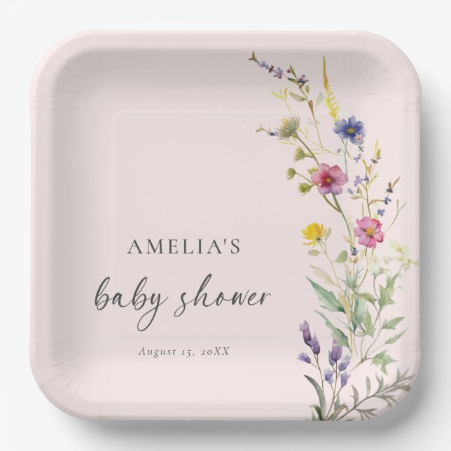A Little Wildflower Floral Pink Baby Shower Paper Plate (Front)