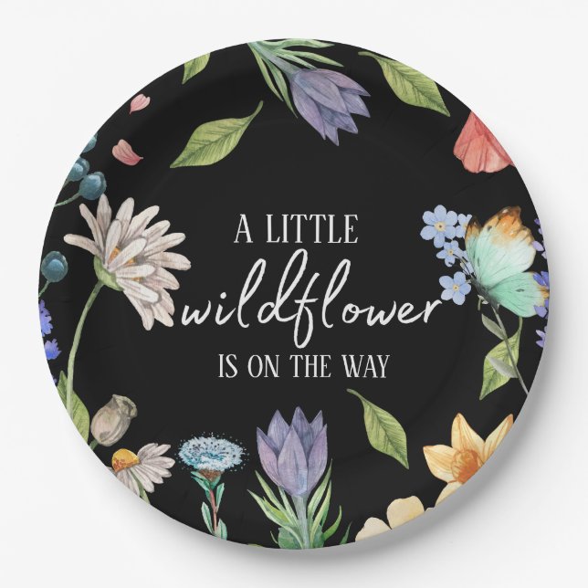 A Little Wildflower Girl Baby Shower Black Paper Plate (Front)