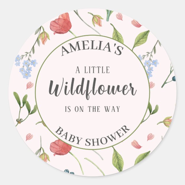 A Little Wildflower Girl Baby Shower Blue Classic Round Sticker (Front)