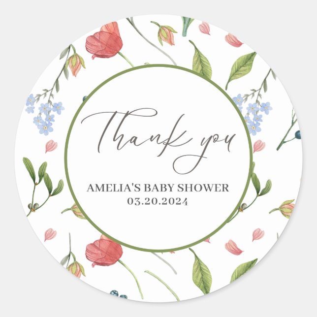 A Little Wildflower Girl Baby Shower Blue Classic Round Sticker (Front)