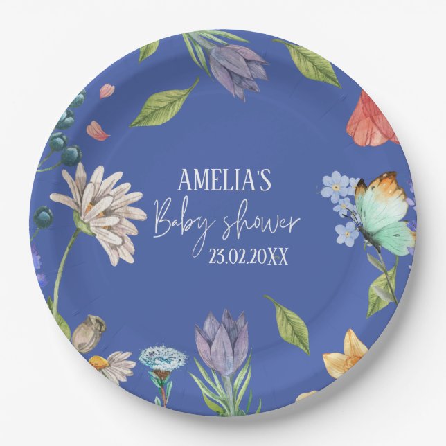 A Little Wildflower Girl Baby Shower Blue Paper Plate (Front)