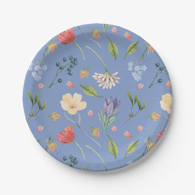 A Little Wildflower Girl Baby Shower Blue Paper Plate (Front)