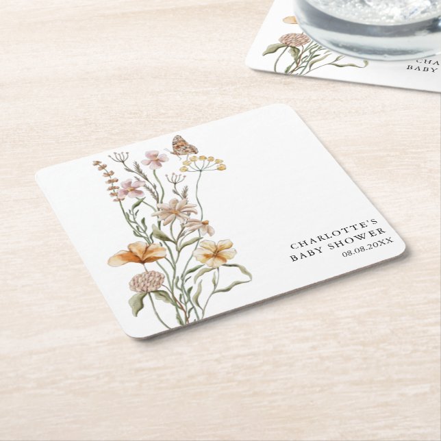 A Little Wildflower Girl Baby Shower Square Paper Coaster (Angled)