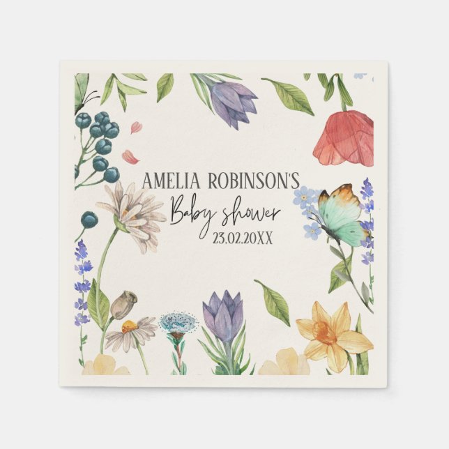 A Little Wildflower Girl Baby Shower White Napkin (Front)