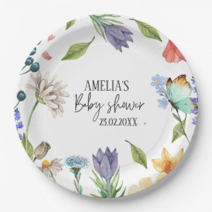 A Little Wildflower Girl Baby Shower White Paper Plate