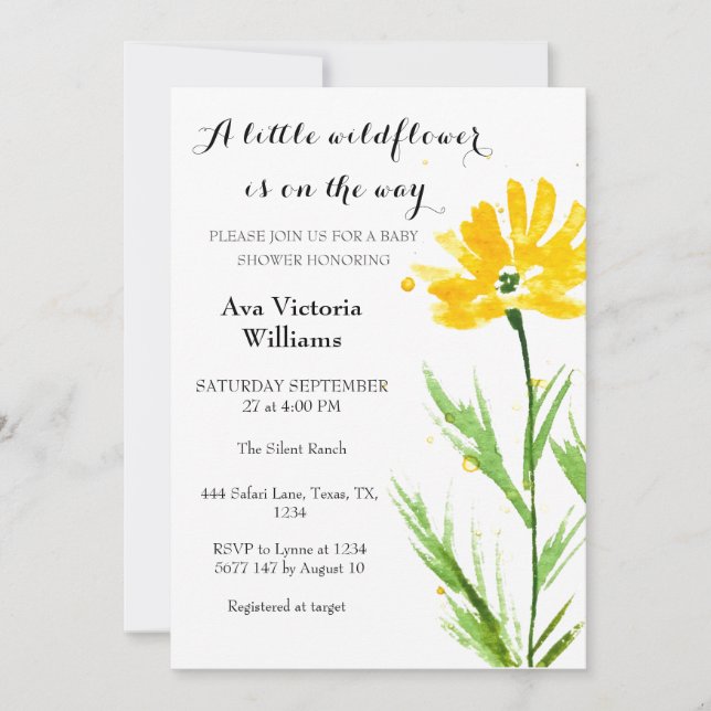 A Little Wildflower Girl Baby Shower Yellow Flower Invitation (Front)