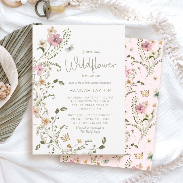 A Little Wildflower Girl Pink Baby Shower Invitation (pink girl little wildflower baby shower invitations)