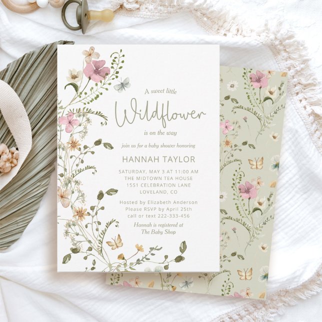 A Little Wildflower Girl Sage Green Baby Shower Invitation (Little Wildflower Girl Baby Shower Invitation Sage Green)