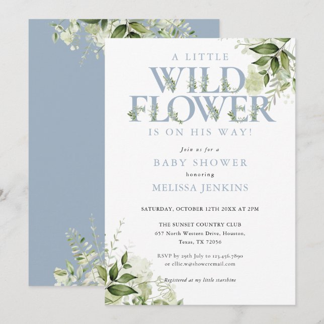A Little Wildflower Greenery Blue Boy Baby Shower Invitation (Front/Back)