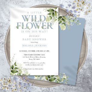 A Little Wildflower Greenery Blue Boy Baby Shower Invitation