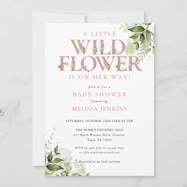 A Little Wildflower Greenery Pink Girl Baby Shower Invitation (Front)