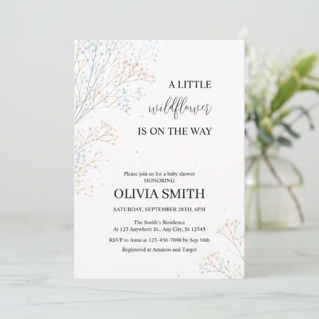 A Little Wildflower Is On The Way, Baby Shower Invitation (Standing Front)