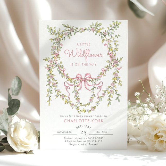 A Little Wildflower Pink bow Baby shower Invitation (Creator Uploaded)