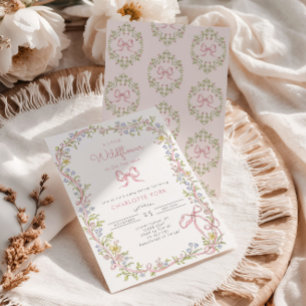 A Little Wildflower pink Bow frame Baby Shower Invitation