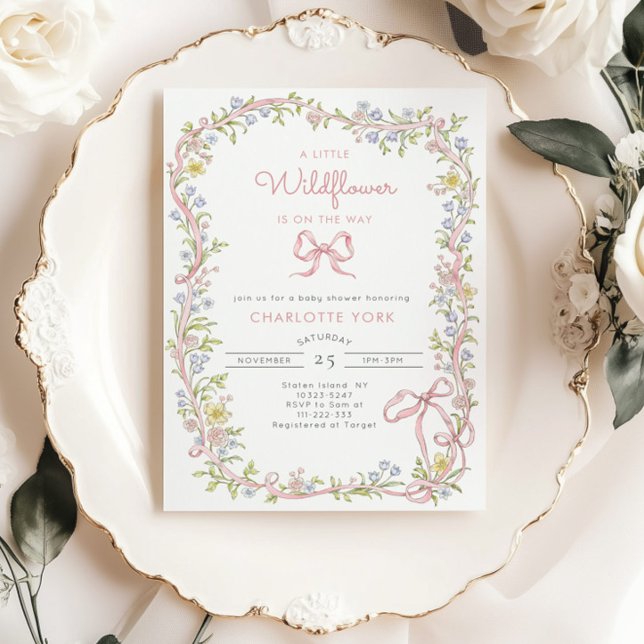 A Little Wildflower pink Bow frame Baby Shower Invitation (Creator Uploaded)