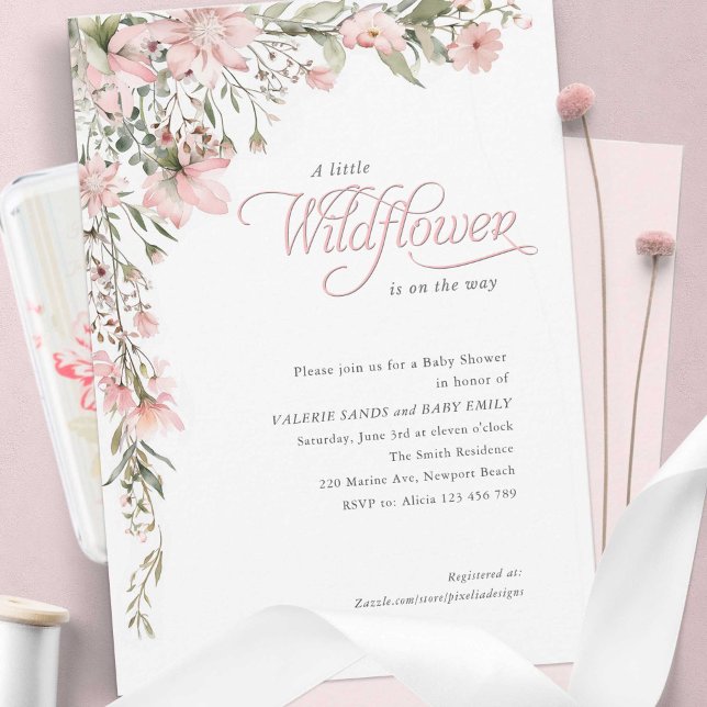 A little wildflower Pink Floral Baby Girl Shower Invitation (Pink wildflower and elegant calligraphy style, Baby Girl shower invitation.)