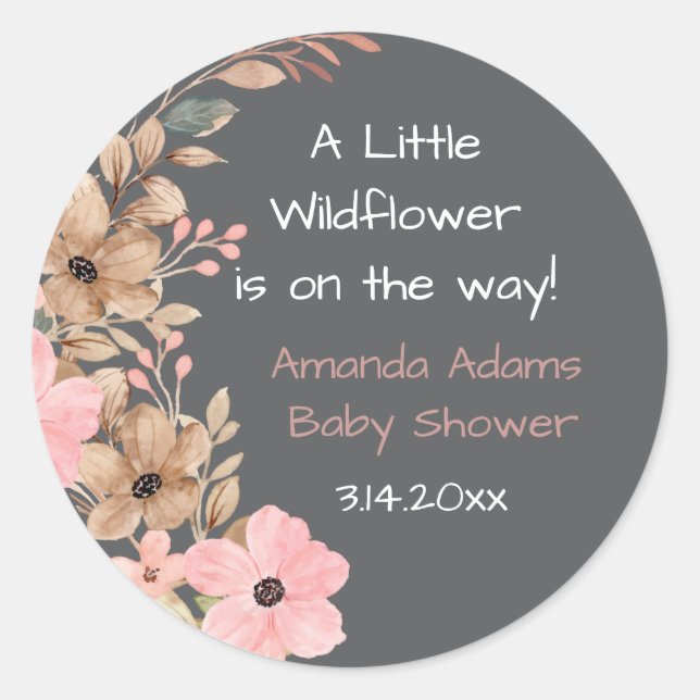 A Little Wildflower Pink Girl Baby Shower Stickers (Front)