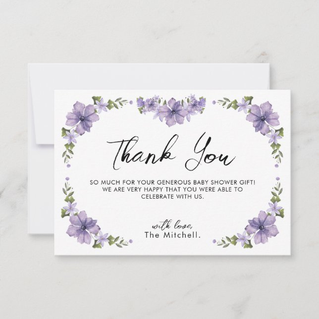 A Little Wildflower Purple Baby Shower Thank You Card (Front)