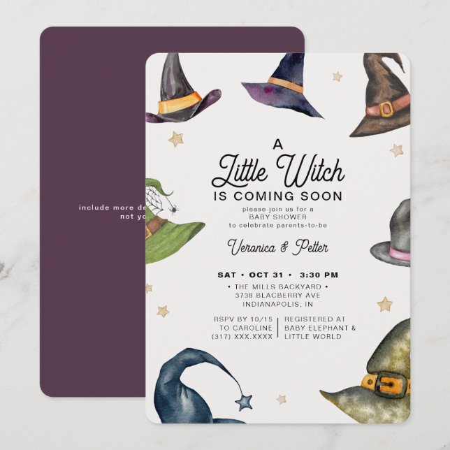 A Little Witch Girl Purple Halloween Baby Shower Invitation (Front/Back)