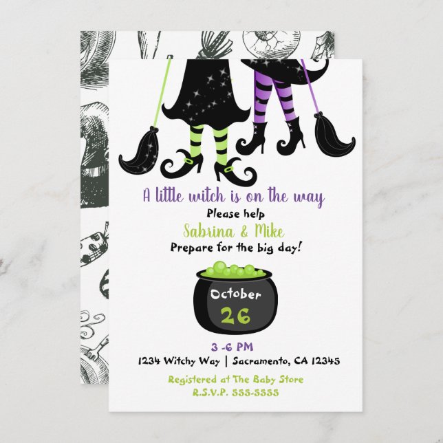 A Little Witch is on the Way Halloween Baby Shower Invitation (Front/Back)