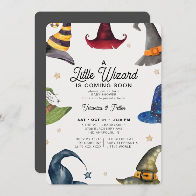 A Little Wizard Boy Grey Halloween Baby Shower Invitation (Front/Back)