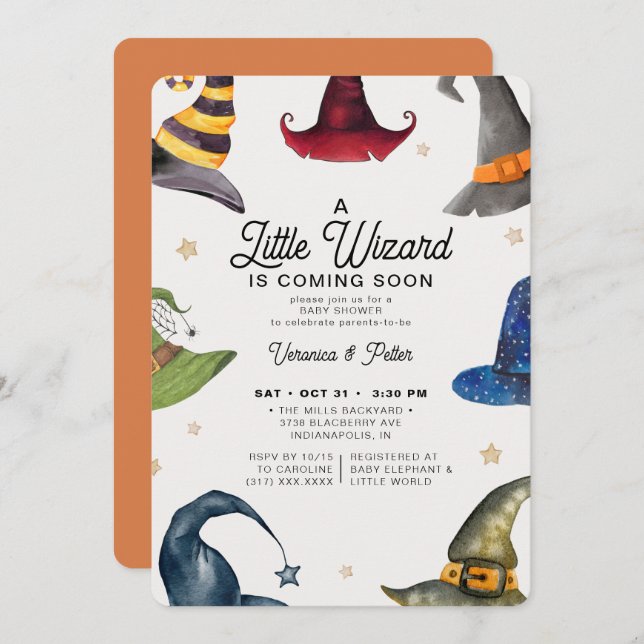 A Little Wizard Boy Orange Halloween Baby Shower Invitation (Front/Back)