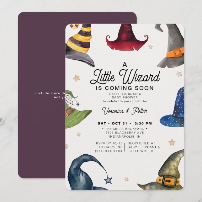 A Little Wizard Boy Purple Halloween Baby Shower Invitation (Front/Back)