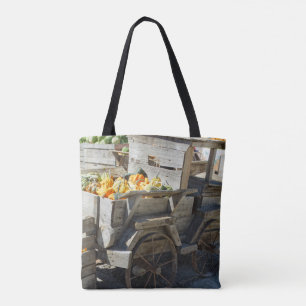 A Little Wooden Truck of Pumpkins and Gourds on a Tote Bag