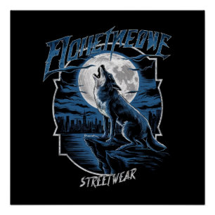 A lone wolf, howling at the full moon on a rocky c poster