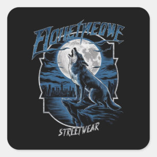 A lone wolf, howling at the full moon on a rocky c square sticker