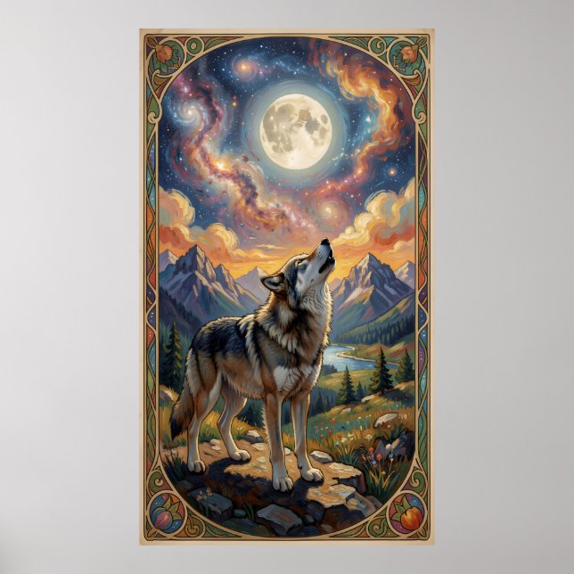 A lone wolf howls at a moon  poster (Front)