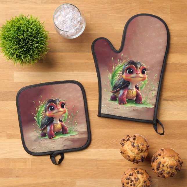A look full of charm and adventure, oven mitt & pot holder set (Top Down)