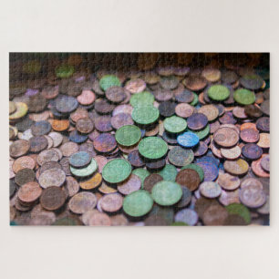 A lot of euro coins in an offertory - Difficult Jigsaw Puzzle
