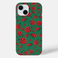 A lot of Red Ladybugs Lucky Pattern Emerald Green
