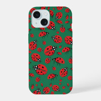 A lot of Red Ladybugs Lucky Pattern Emerald Green