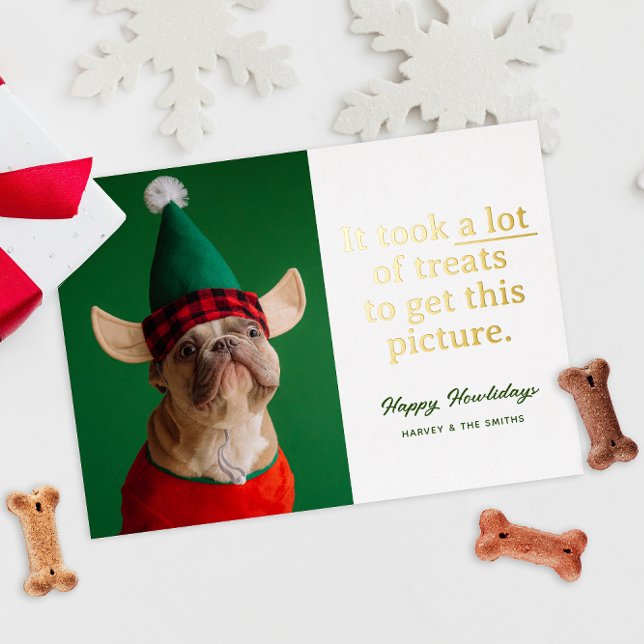 A Lot of Treats Happy Howlidays Funny Pet Foil Holiday Card (funny pet Christmas holiday card with real foil custom text and a silly photo)