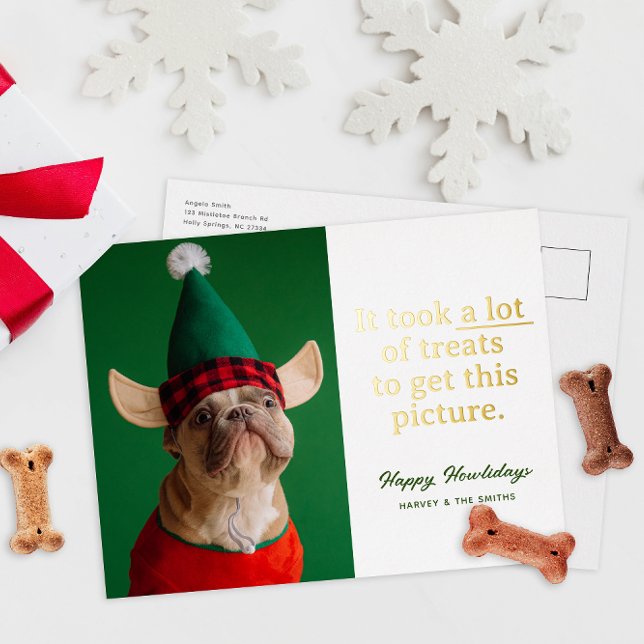 A Lot of Treats Happy Howlidays Funny Pet Foil Holiday Postcard (funny pet Christmas card with foil text and custom message and photo of pet in silly outfit)