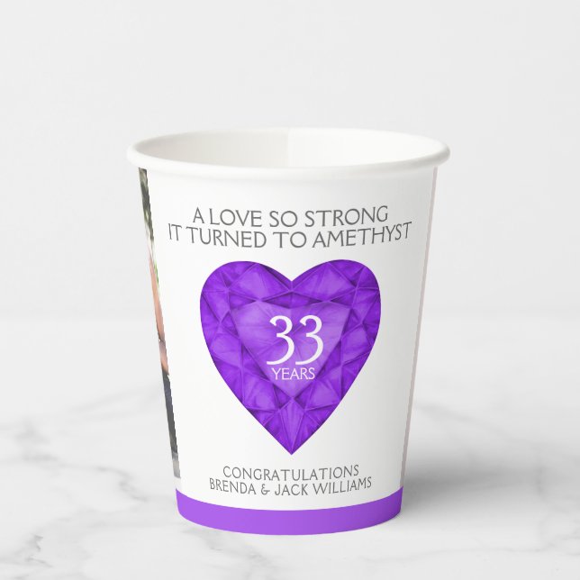 A love so strong 33 years amethyst purple wedding  paper cups (Left)