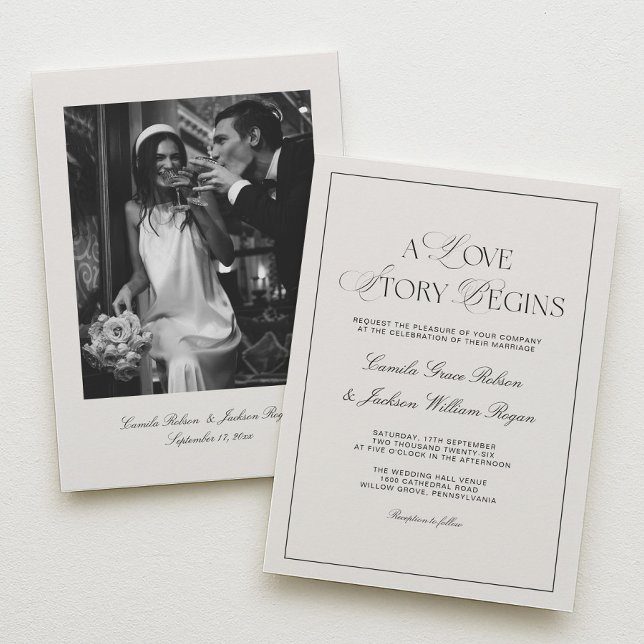 A Love Story Old Money Black and Ivory Wedding Invitation (Creator Uploaded)