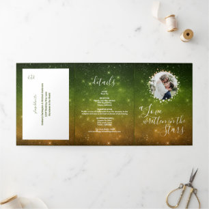 A Love Written in Stars Photo Celestial Wedding Tri-Fold Invitation