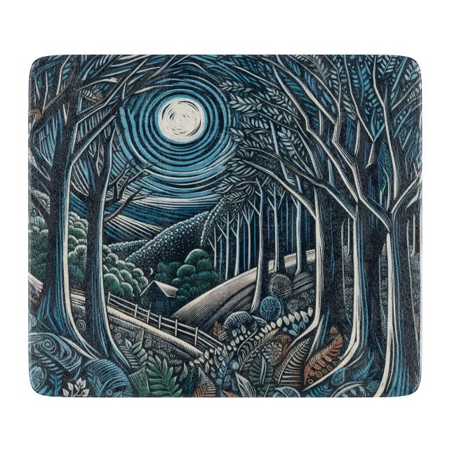 A lovely linoprint of a wood at night. cutting board (Front)